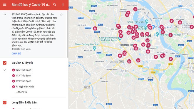 Bản đồ dịch Covid-19 tại Hà Nội trên Google map không chính xác